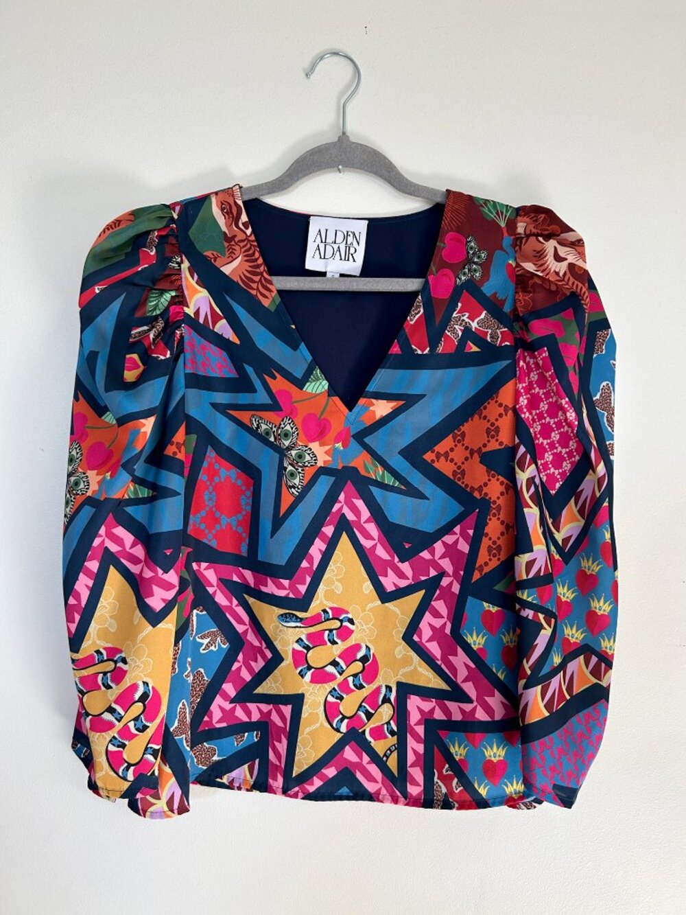 Alden Adair Finley Top Funky Print Silky V-Neck Blouse Size Small Worn Once $198